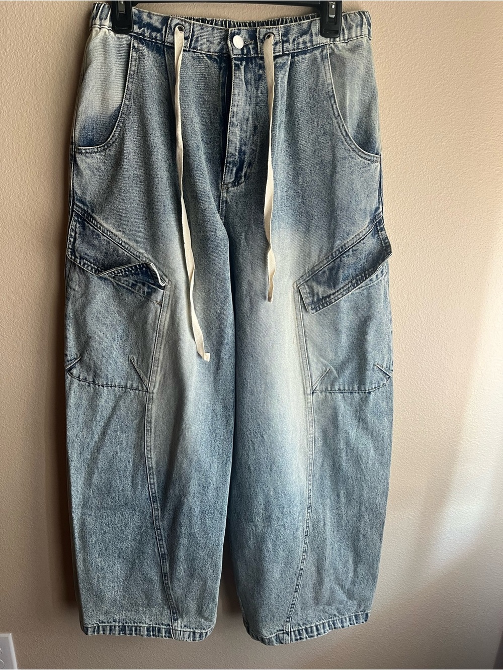BiBi Light Blue Relaxed Cargo Jeans with Drawstring
